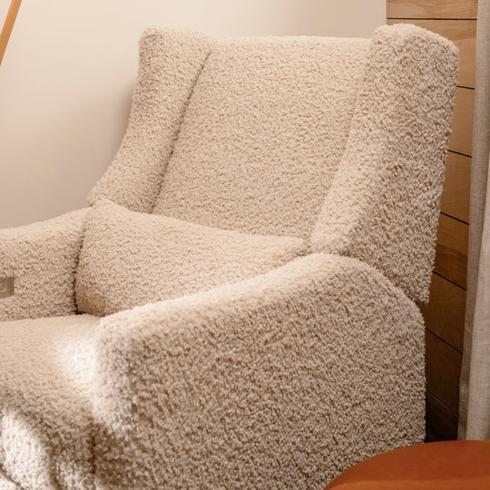 Kiwi Glider Recliner w/ Electronic Control and USB in Almond Teddy Loop w/ Light Wood Base