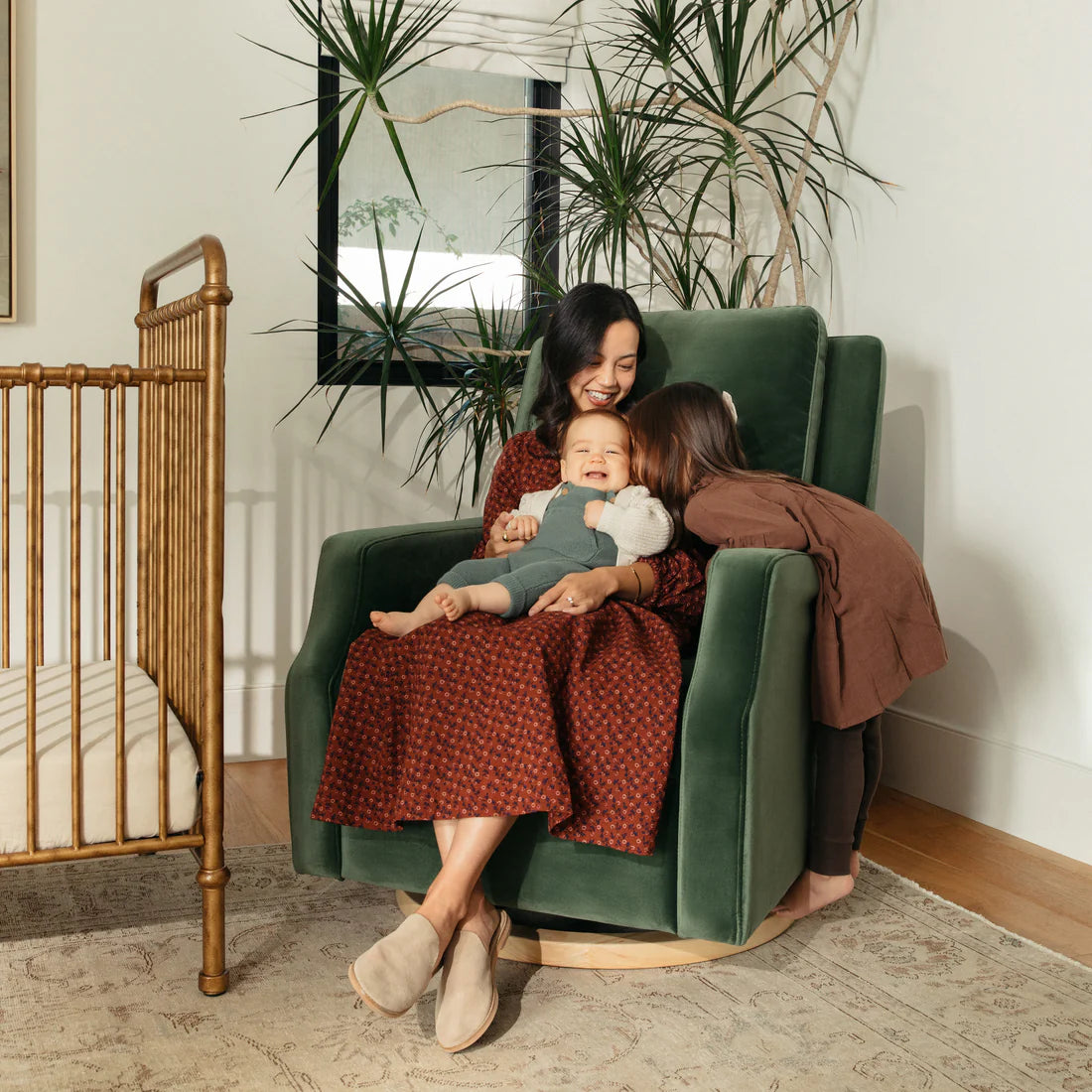 Crewe Recliner and Swivel Glider in Forest Green Velvet w/Light Wood Base