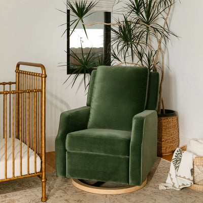 Crewe Recliner and Swivel Glider in Forest Green Velvet w/Light Wood Base