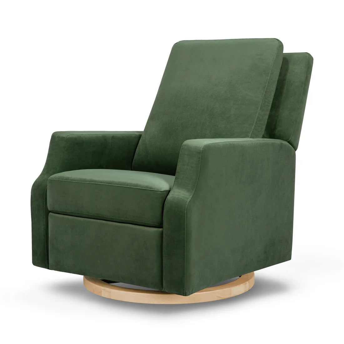 Crewe Recliner and Swivel Glider in Forest Green Velvet w/Light Wood Base