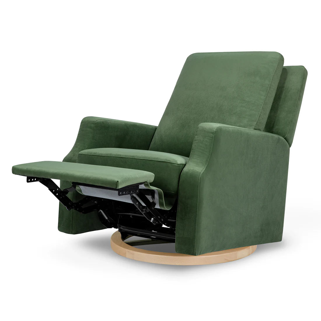 Crewe Recliner and Swivel Glider in Forest Green Velvet w/Light Wood Base